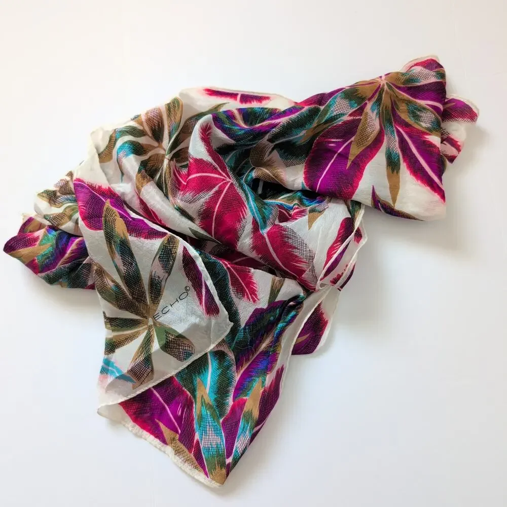 ECHO Silk Scarf‎ Floral Design 52x11 Colorful Bright Pink Blue Vacation Classy